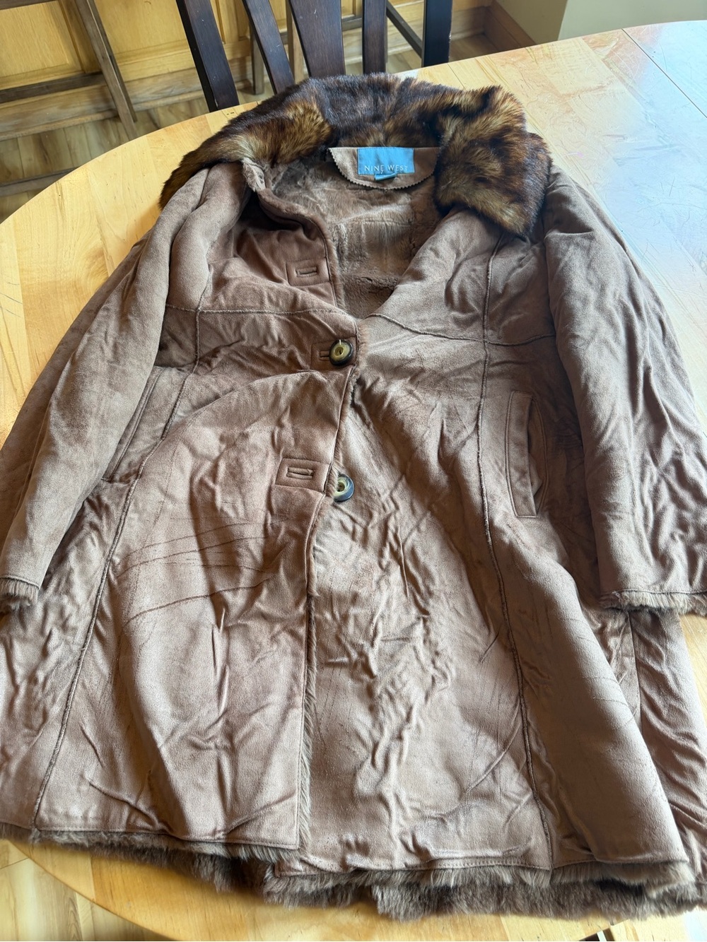 Nine West Brown Faux-Suede Coat with Fur Collar